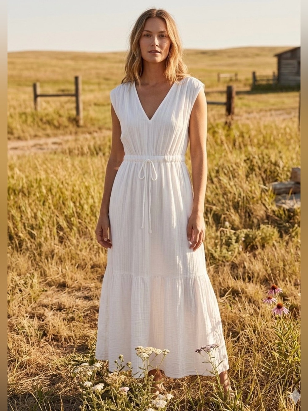 Xirena Rosalie White Cotton Gauze Maxi Dress V-Neck Drawstring Tiered S New